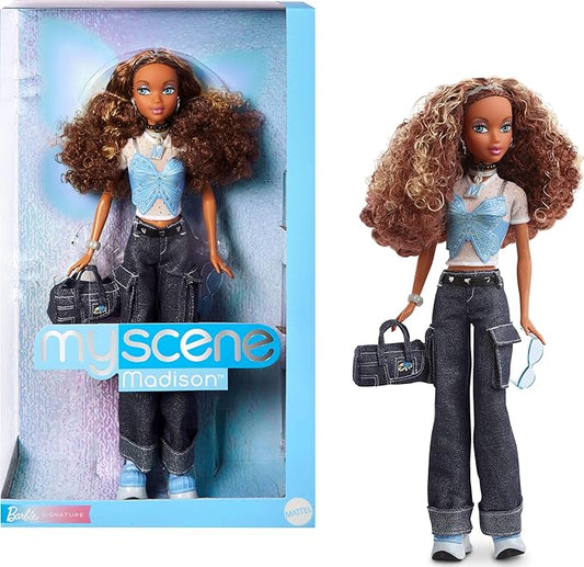 Barbie Signature My Scene Madison Doll & Accessories, Y2K-Inspired Outfit with Butterfly Top, Cargo Jeans, Denim Bag & Display Stand