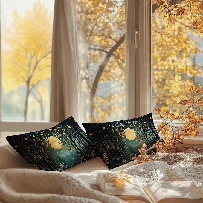 Rustic William Morris Inspired Night Moon Forest Decor Pillow Covers 20x12 Set of 2,Vintage Black and Gold Nature Landscape Botanical Decorative Throw Pillow Covers for Home Bedroom Living Room
