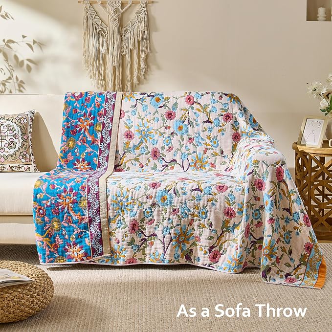 VANJOROY Boho Throw Blanket, 100% Organic Cotton Breathable Ultra Soft 91" x 108" King Bed Quilt Throw - All Season Floral Rustic Luxury Blanket for Sofa Couch Chair