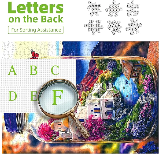 500 Piece Jigsaw Puzzles for Adults World in a Jar Santorini Landscape Puzzles with Letters on Back Fun Family Blue Greek Island Scenery Puzzle for Seniors & Adults