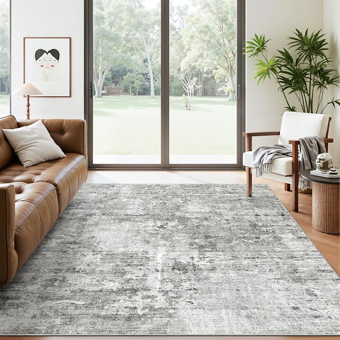 Soalmost Abstract Area Rug 6x9 for Living Room Washable Rugs Gray/White | Non-Slip Low-Pile Carpet for Dining Bedroom, Foldable Thin Vintage Stain Resistant Floor Mat Under Table Home Office Nursery