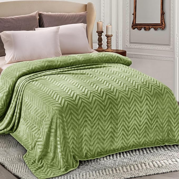 Whale Flotilla Flannel Fleece Fall Bed Blanket King Size, Olive Green | Lightweight Breathable Soft Bedspread, Plush Fluffy Coverlet Chevron Design Decorative Blanket for Home Life, 90x104 Inch