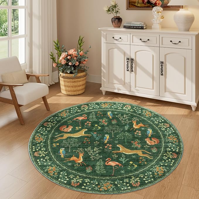 DUKINO 4ft Round Rug, Washable Animal Small Round Area Rug Non Slip, Green | Low Pile, Soft, Non-Shedding Indoor Circle Carpet for Bedroom, Entryway, Living Room, Farmhouse, Pet Friendly, Lightweight