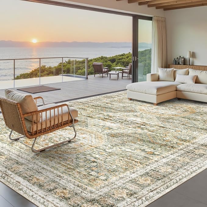 Soalmost Washable Area Rug 8x10 Large Soft Living Room Rugs Green/Orange | Vintage Non-Slip Carpet for Dining Bedroom, Stain Resistant Low Pile Foldable Lightweight Floor Mat Under Table Home Decor
