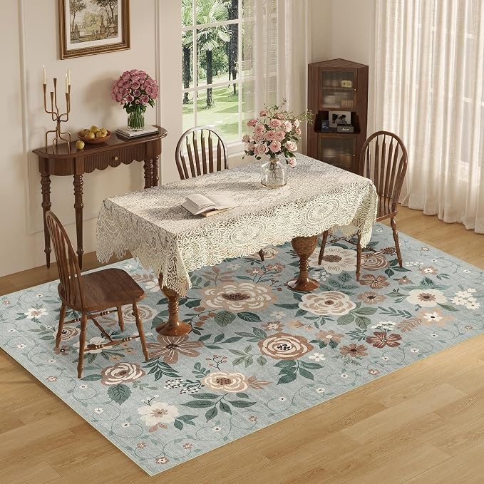 DUKINO 5x7 Area Rug Floral Washable Rug for Living Room Non Slip Sage Green | Soft, Low Pile, Stain Resistant Indoor Rug for Bedroom, Dining Room, Office, Pet Friendly, Lightweight, Modern Home Decor