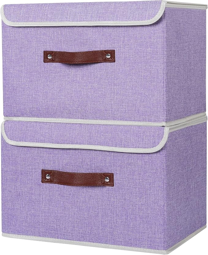 ANMINY Fabric Storage Box Bins with Lids, Purple, 15"x10"x10", 2 Pack | Keepsake Memory Storage, Cotton Linen, PP Board Reinforced, Washable, PU Handles, Foldable & Stackable, Decorative, Large