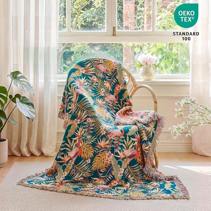 MSGKV Boho Throw Blanket 60"x80" 100% Cotton Jungle Animal Throw for Couch | 100% Cotton Throw, Jungle Animal Pattern, Reversible Woven, Breathable Lightweight, Couch Home Decor, Machine Washable