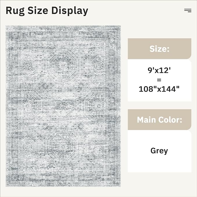 Soalmost 9x12 Area Rugs for Living Room Washable Rug Non-Slip Grey | Large Vintage Stain Resistant Carpet for Dining Bedroom, Low Pile Lightweight Foldable Floor Mat Nursery Home Office Decor