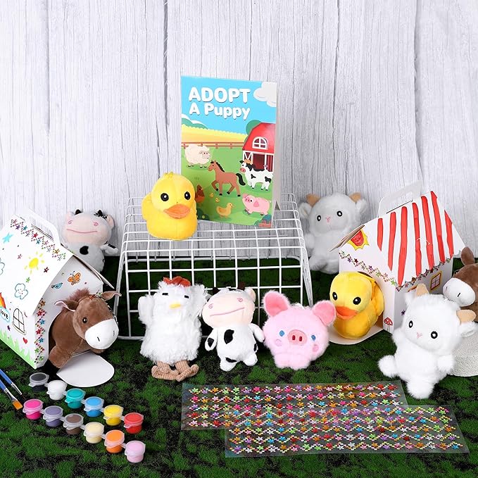 31 Pieces Farm Animal Puppy Party Favors 12 Mini Plush Farm Animals with Keychain Include Adopt a Puppy Sign DIY White House, Paint Brushes Stickers for Birthday Xmas DIY Craft Party Gifts