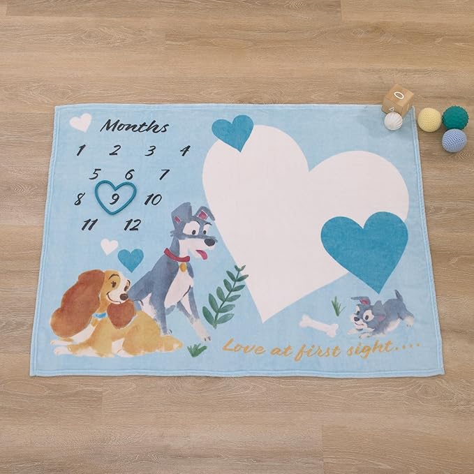 NoJo Disney Lady & The Tramp Blue, White, and Gold Love at First Sight Super Soft Photo Op Milestone Baby Blanket