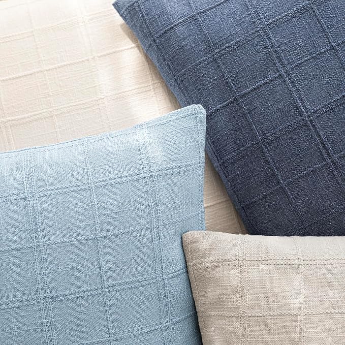 Foindtower Set of 2 Decorative Linen Check Throw Pillow Covers Neutral Farmhouse Vintage Cushion Covers Modern Boho Accent Home Decor for Sofa Chair Couch Bedroom Living Room,26×26 Inch,Sky Blue