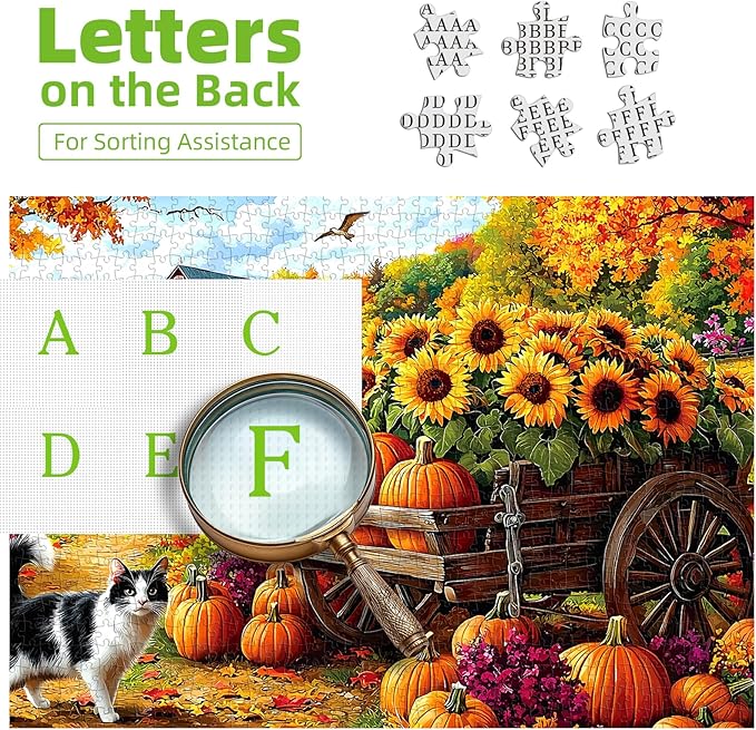 500 Piece Jigsaw Puzzle for Adults - Autumn Farm Scene: Sunflower Cart, Red Barn & Pumpkin Harvest, 23x15 Inch Fall Art Puzzle, Challenging Hard Difficult Puzzles for Adults