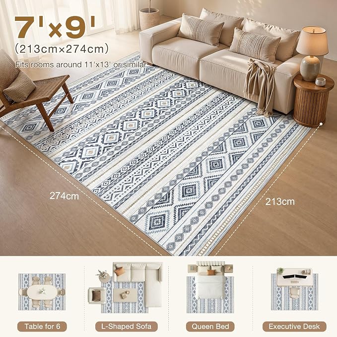 cotiled 7x9 Area Rugs Living Room Rug: Washable Boho Rugs with Non Slip Backing Large Soft Indoor Stain Resistant Carpet for Bedroom Farmhouse Dining Room Lightweight Home Decor Blue