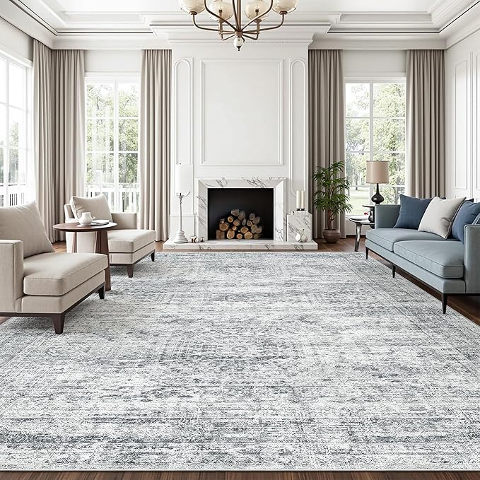 Soalmost 12x15 Washable Area Rugs Soft Living Room Rug Abstract Grey | Large Vintage Carpet Non-Slip for Dining Bedroom, Low Pile Thin Stain Resistant Foldable Indoor Floor Mat Home Office Decor