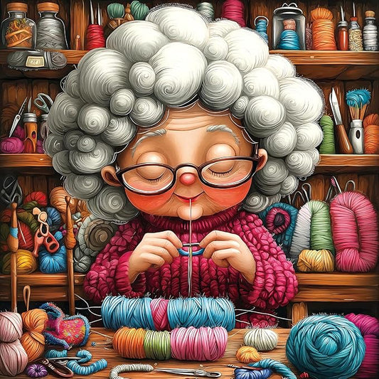 Funny Knitting Grandma Puzzles for Adults 500 Pieces Cozy Craft Room Colorful Yarn Sewing Machine Jigsaw Puzzle with Letters on Back Whimsical Cartoon Challenging Puzzles for Family Game Night