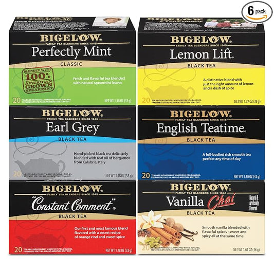 Bigelow Tea Black Tea 6 Flavor Variety Pack, Caffeinated Tea with Mint, Lemon, Constant Comment, English Teatime, Earl Grey, and Vanilla Chai, 20 Count Box (Pack of 6), 120 Total Tea Bags