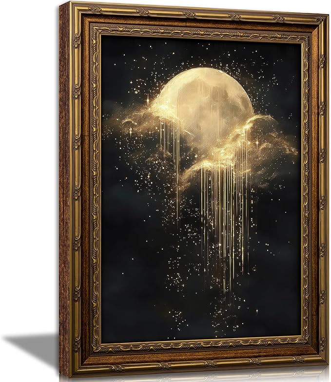 Vintage Gold Framed Golden Moon Celestial Wall Art,Moody Celestial Painting Canvas Print,Glittering Golden Rain & Sparkling Stars Wall Decor,Gothic Night Sky Stars Artwork,for Bedroom Living Room Bathroom