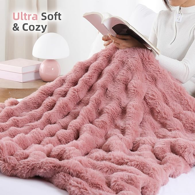 Faux Rabbit Fur Throw for Couch - Old Pink Bubble Blanket 60"x80" | Fluffy Plush Fuzzy Throw for Sofa & Bed, Super Soft Cozy Comfrt Blanket, Luxury Aesthetic Pink Decor Gift for Women