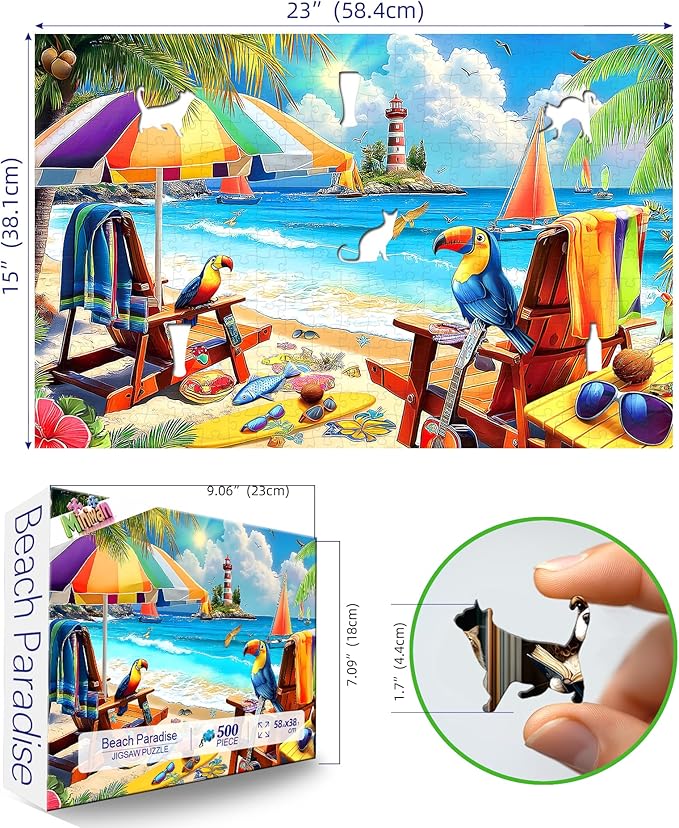 500 Piece Jigsaw Puzzle for Adults - Tropical Beach Theme with Parrots & Lighthouse - Fun & Challenging Art Puzzle - Ideal Gift for Puzzle Enthusiasts 23x15 Inch
