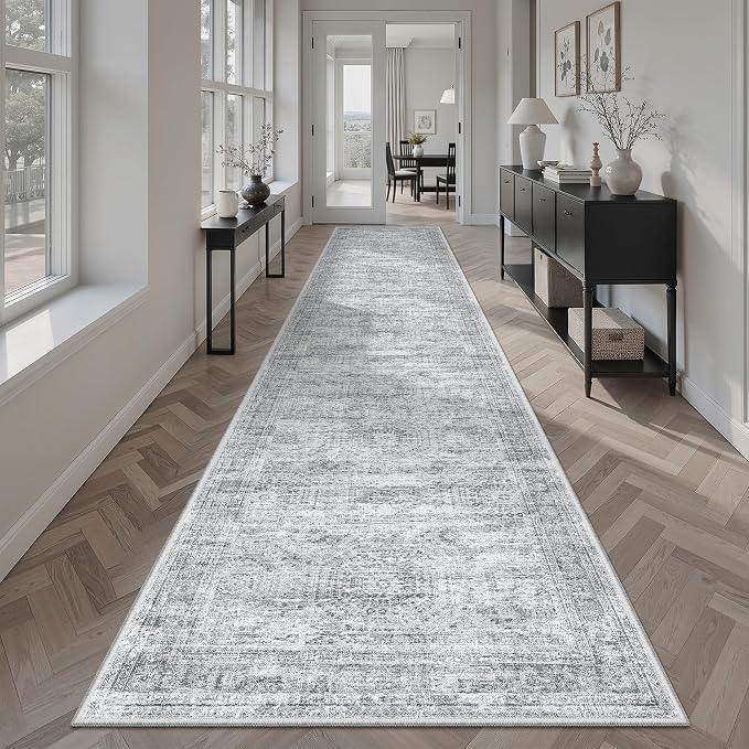 Soalmost Hallway Runner Rug 2'6" x 12' Washable Long Kitchen Rugs Grey | Non-Slip Vintage Runners 2.5x12ft for Bathroom Entryway, Thin Low-Pile Foldable Floor Carpet Mat 12 ft for Corridor Bedroom