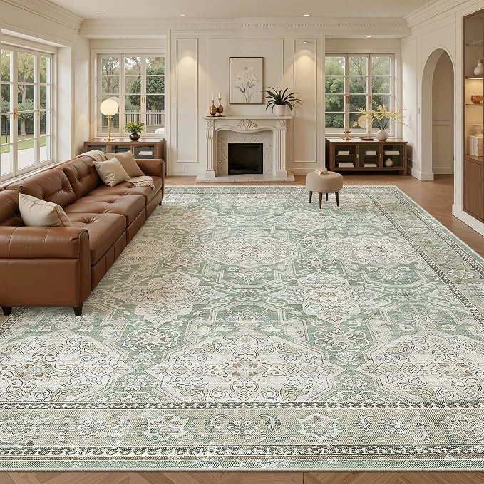 Soalmost 10x14 Area Rugs for Living Room Washable Rug Non-Slip Green/Brown | Large Vintage Stain Resistant Carpet for Dining Bedroom, Low Pile Lightweight Foldable Floor Mat Nursery Home Office Decor
