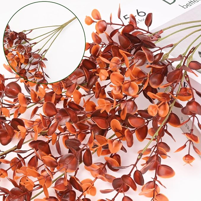 Waipfaru 4Pcs Fake Hanging Plants, Red-Brown Eucalyptus Fake Vines Ivy | UV Resistant Artificial Plants Outdoor Faux Plants Indoor Bedroom Living Room Boho Wall Porch Shelf Decor