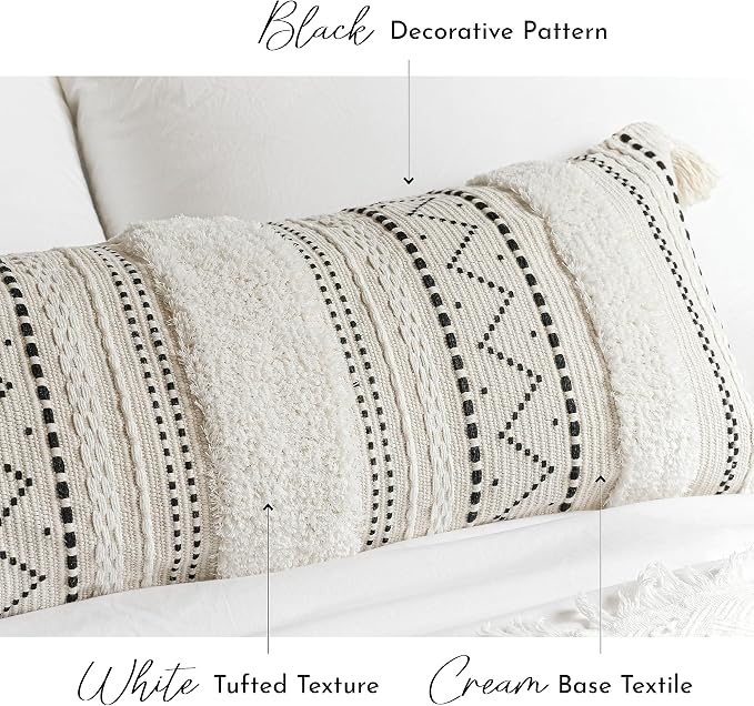 14x36 Lumbar Pillow Cover for Bed, Rectangular Long Decorative Throw Pillowcase, Boho Accent Cushion with Black Tufted Pattern and Tassels, Cream Neutral (Cover Only)