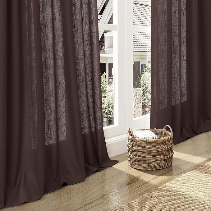 Nanspring Coffee Linen Curtains for Living Room Back Tab Rod Pocket Semi Sheer Curtains 100 Inches Long 2 Panel Set Light Filtering Neutral Boho Farmhouse Lightweight Drapes for Bedroom 52x100