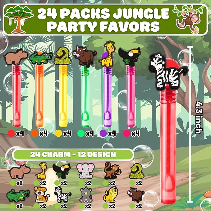 Jungle Safari Party Favors for Kids – 24PCS Animal-Themed Bubble Wands, Great for Birthday Supplies, Pinata Fillers, Goodie Bags & Classroom Rewards