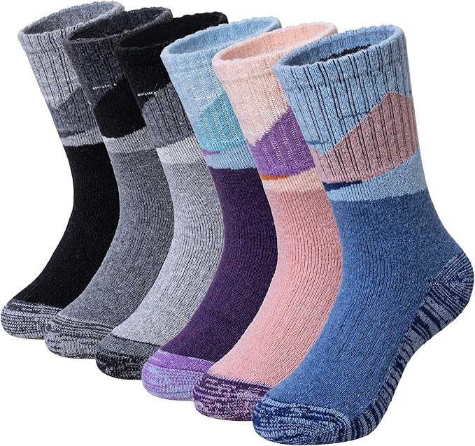 WEVIAS Kids Merino Wool Hiking Socks Boys Thermal Winter Cozy Boot Warm Cushion Socks 6 Pairs