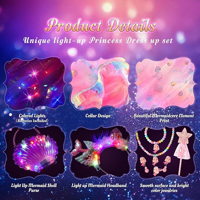 Fedio Mermaid Toys Princess Dress up for Girls,Mermaid Light Up Princess Cape Set,Toddler Dress up Toys Christmas Birthday Halloween Gifts for 3-8 Years Old