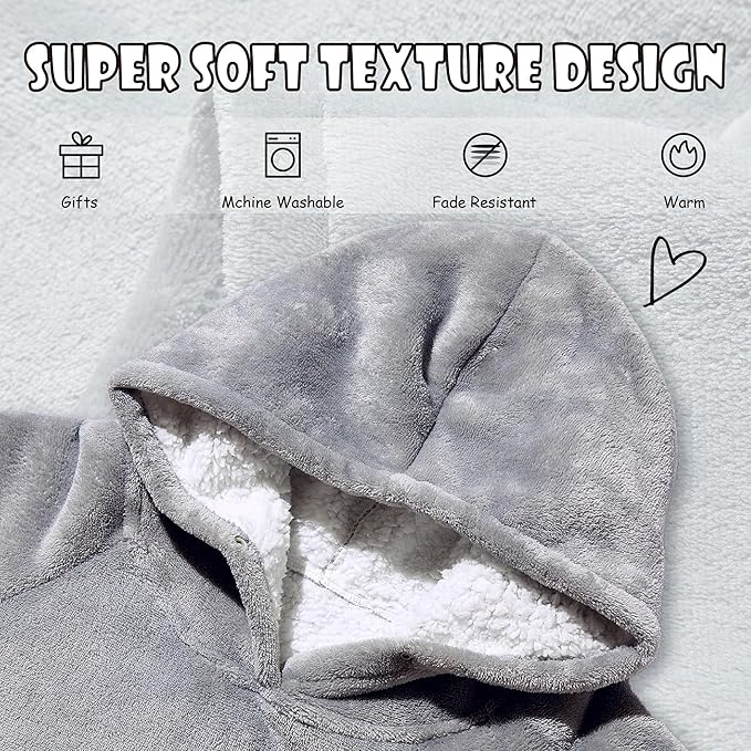 Krifey Wearable Blanket Hoodie, Oversized Sherpa Fleece Sweatshirt with Giant Pocket, Birthday Gifts for Women, Mom, Sister, Light Gray