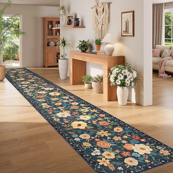 DUKINO 3x20 Runner Rug for Hallway, Floral Washable Runner Rug, Navy Blue | Non Slip, Low Pile, Indoor Long Runner Rug for Kitchen, Entryway, Bedroom, Bathroom, Laundry, Pet Friendly, Modern Home Decor