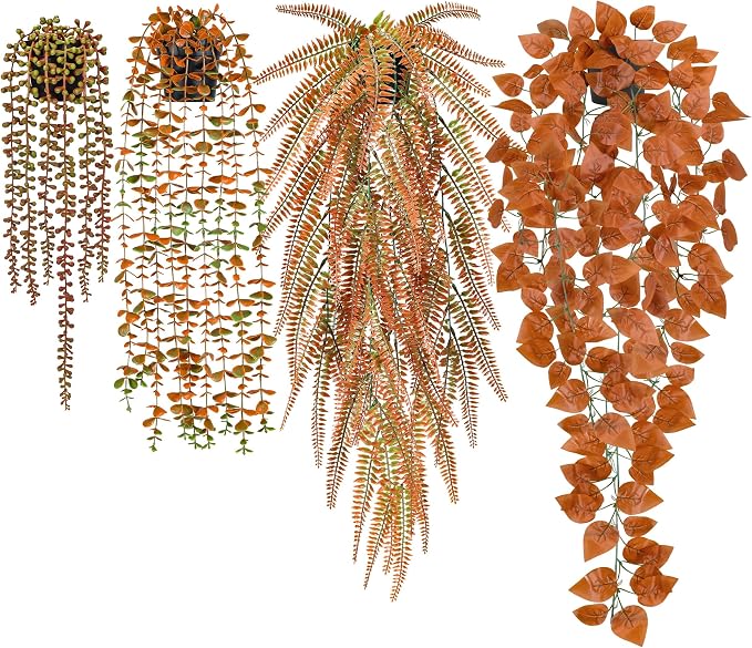 Der Rose 4 Pack Fake Fall Plants Hanging Orange Vines for Fall Wall Decor | 4 different orange vines for autumn decor accents, fall living room and bathroom decor, porch, patio and covered decor