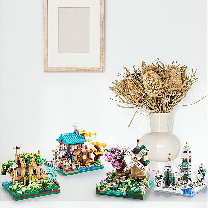 Four Seasons Flower House Plant Series 4 Miniature Building Blocks Set, Creative Tree House Flower and Plant Model DIY Gifts for Girls, Kids and Adults