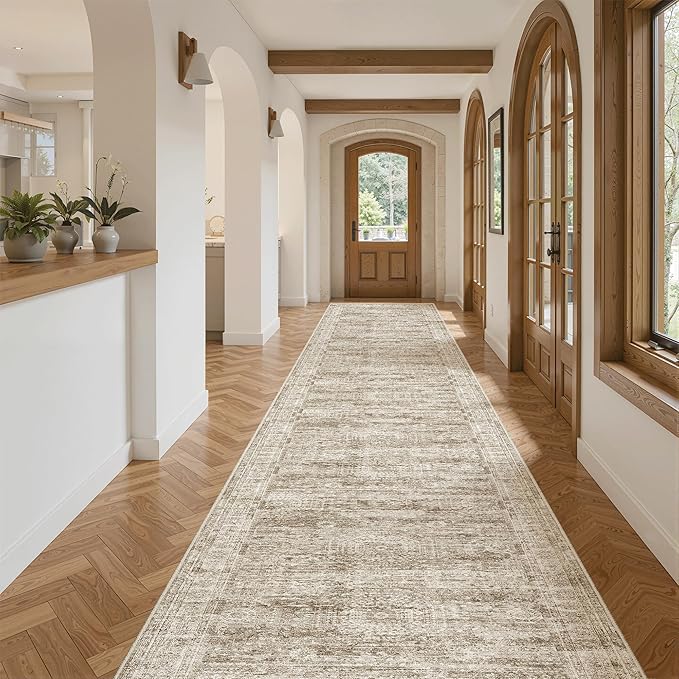 Soalmost Washable 3x16 Hallway Runner Rug Non-Slip Kitchen Entry Rugs Brown | Vintage Extra Long Runners 16ft for Bathroom Entryway, Foldable Low-Pile Wide Floor Carpet for Corridor Living Room Bedroom