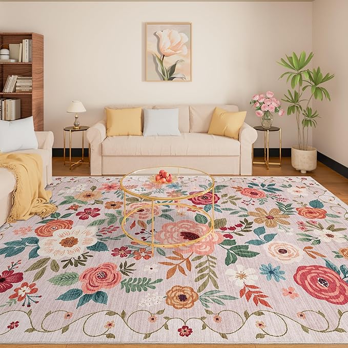 DUKINO 8x10 Area Rugs, Floral Washable Living Room Rug Non Slip, Beige | Low Pile, Stain Resistant, Soft Indoor Large Carpet for Bedroom, Dining Rom, Kids Playroom, Pet Friendly, Modern Home Decor