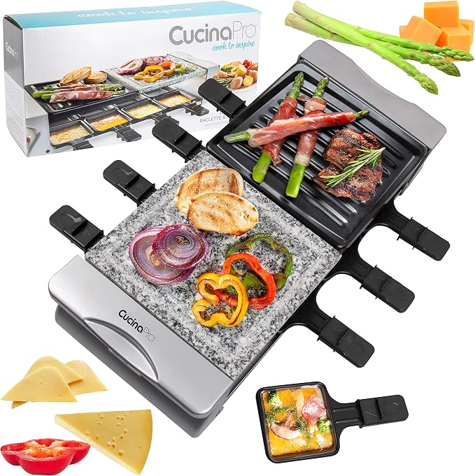 Electric Cheese Raclette Table Grill w Cooking Stone & Grilling Plate | Nonstick, Indoor Smokeless Korean BBQ 8 Person Tabletop Cooker Hotplate- Melt or Grill Meat, Veggies, Home Dinner Party, Apps