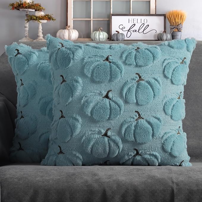 Fall Pumpkins Decorative Pillow Covers 18x18 Set of 2, Light Blue Soft Plush Faux Fur Wool Farmhouse Throw Cushion Cases for Autumn Thanksgiving Holiday Home Decorations