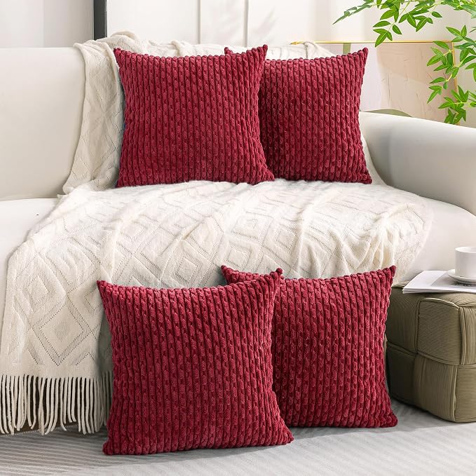 Set of 4 Burgundy Decorative Throw Pillow Covers 18x18 Inch Corduroy Pillow Covers for Bed Couch Sofa Living Room Soft Square Cushion Cases