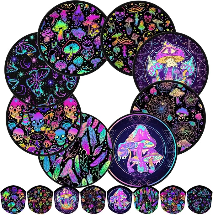 Gejoy 24 Pcs Foldable Fan Mushrooms and Skulls Foldable Fan Style Summer Flower Handheld Round Folding Fan for Men Women Rave Fan for EDM Music Festival Club Rave Accessories Party Favors Decorations