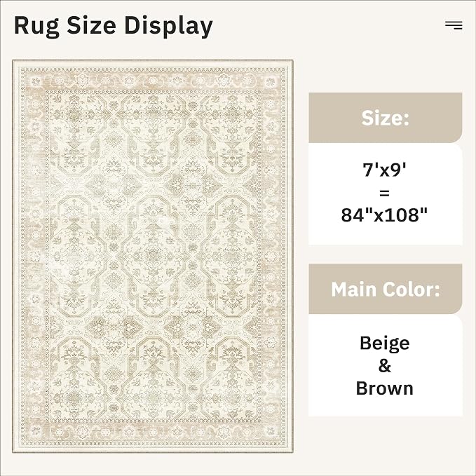 Soalmost 7x9 Area Rug for Living Room Washable Rugs Non-Slip Beige/Brown | Low-Pile Vintage Carpet for Dining Bedroom, Foldable Thin Stain Resistant Floor Mat Under Table Home Office Nursery Decor