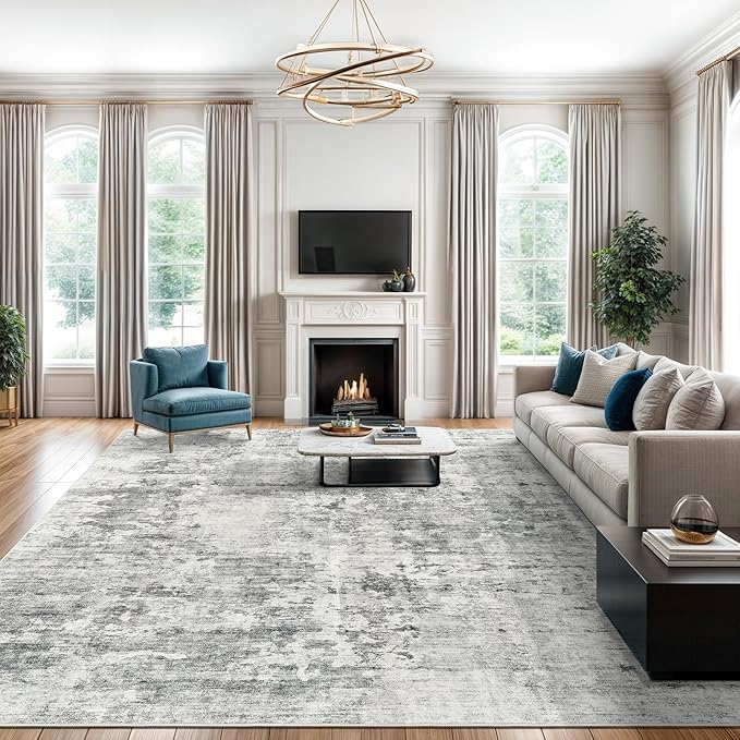 Soalmost Abstract Rug 8x10 Large Living Room Area Rugs Washable Gray/White | Modern Non-Slip Carpet for Dining Bedroom, Stain Resistant Foldable Thin Low Pile Floor Mat Under Table Home Office Decor