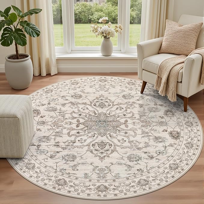 Round Area Rug for Living Room: 6ft Washable Vintage Boho Soft Thin Circle Rug Indoor Floor No Slip Stain Resistant Carpet for Bedroom Dining Room Farmhouse Nursery Home Office - Brown Beige