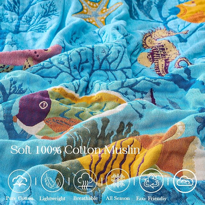 XIBLC Boho Throw Blanket 100% Cotton Vintage Blanket Muslin Woven Flower Decorative Throw Blankets All Season Bohemian Rustic Farmhouse Decor Quilt for Bed (Blue 80"x90")