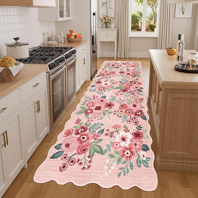 DUKINO 3x8 Kitchen Runner Rug, Soft Floral Washable Rug for Hallway, Pink | Low Pile, Stain Resistant Throw Rug Runner for Entryway, Bedroom, Bathroom, Laundry, Pet Friendly, Modern Home Decor