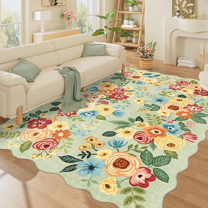 DUKINO 6x9 Area Rugs, Floral Washable Rug for Living Room Non Slip, Green | Low Pile, Stain Resistant, Soft Indoor Large Rugs for Bedroom, Dining Room, Kids Playroom, Nursery, Pet Friendly, Home Decor