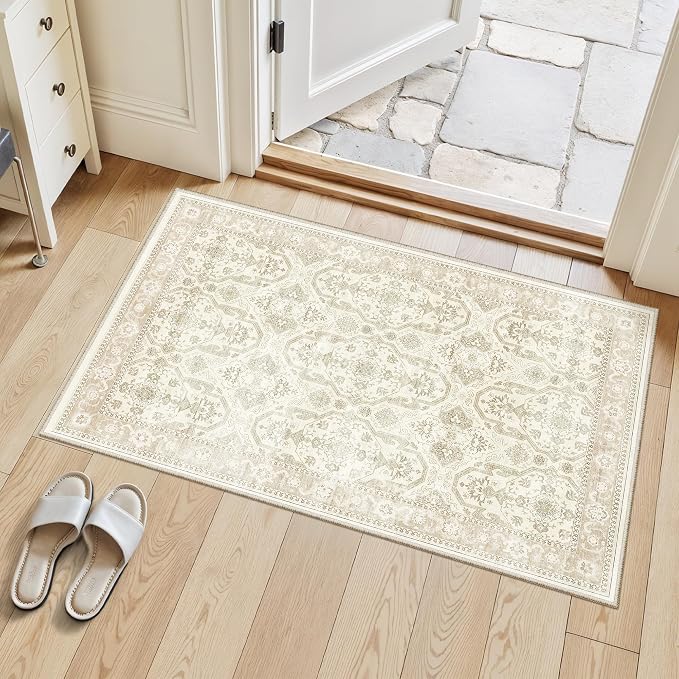 Soalmost 2x3 Washable Rugs for Kitchen Entryway, Small Area Rug Beige/Brown | Non-Slip Vintage Low Pile Throw Door Mat For Bathroom Entry Laundry Powder Room, Stain Resistant Indoor Entrance Floor Carpet