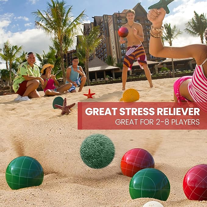 Bocce Ball Set 100mm Regulation Size and Weight for Lawn, Beach Bocci Game Sets for 2-8 Players (Red and Green)