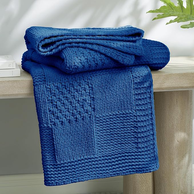Knit Throw Blanket, Soft Chenille Cozy Breathable Checkered Chunky Decorative Blanket for Couch, Bed & Sofa, French-Inspired Lightweight Warm Gift for Women, Royal Blue, 50"x60"